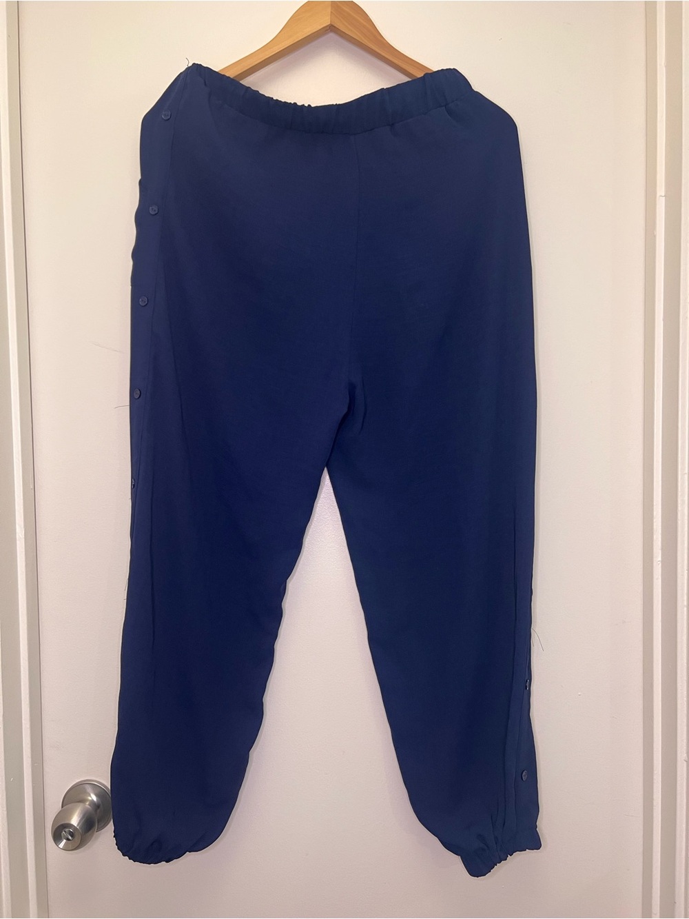 Doe & Rae Navy Button Side Jogger Pants | Casual Chic Pull On Trousers - Picture 7 of 10